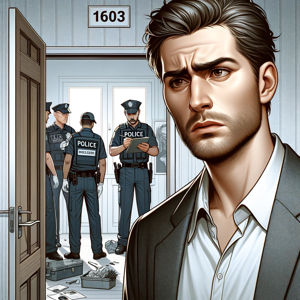 A man looked nervously at the policeman at the door